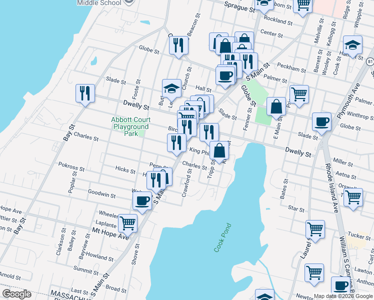 map of restaurants, bars, coffee shops, grocery stores, and more near 684 King Philip Street in Fall River