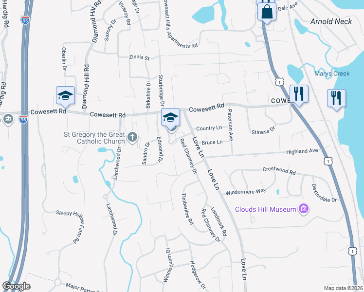 map of restaurants, bars, coffee shops, grocery stores, and more near 38 Red Chimney Drive in Warwick
