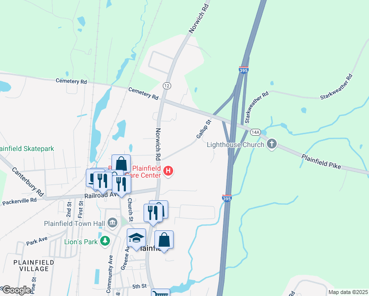 map of restaurants, bars, coffee shops, grocery stores, and more near 82 Gallup Street in Plainfield
