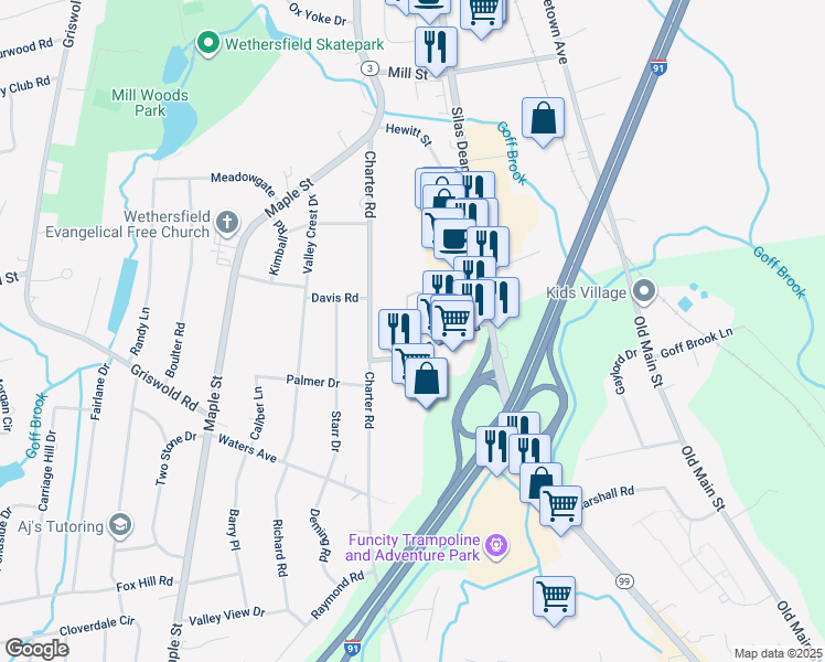 map of restaurants, bars, coffee shops, grocery stores, and more near 96 Mountain Laurel Drive in Wethersfield