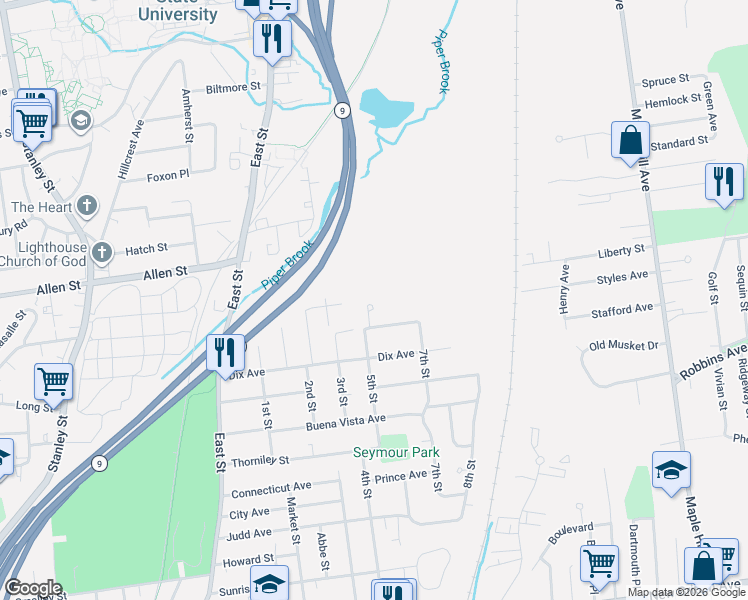 map of restaurants, bars, coffee shops, grocery stores, and more near 23 Coburn Circle in Newington