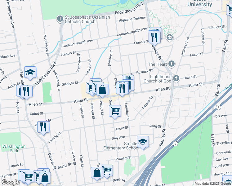 map of restaurants, bars, coffee shops, grocery stores, and more near 78 Dudley Street in New Britain