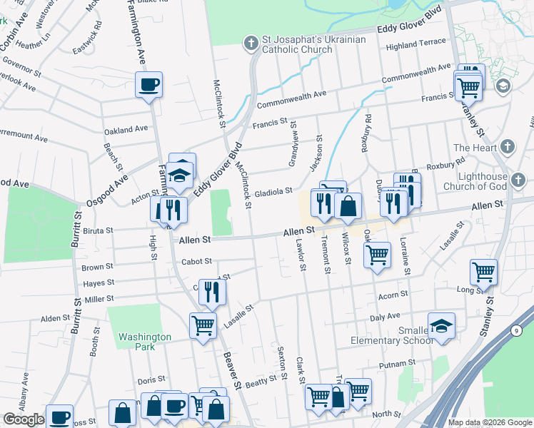 map of restaurants, bars, coffee shops, grocery stores, and more near 37 Gladiola Street in New Britain