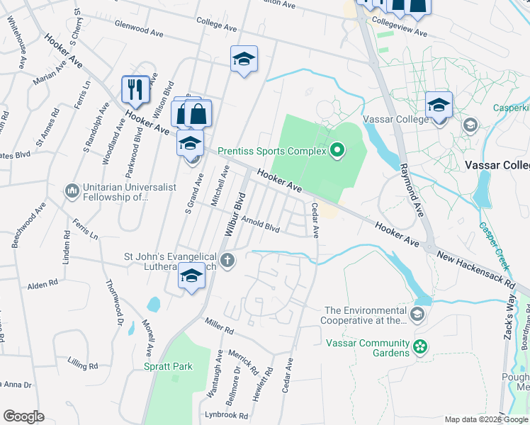 map of restaurants, bars, coffee shops, grocery stores, and more near 12 Kingston Avenue in Poughkeepsie