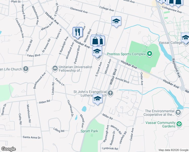 map of restaurants, bars, coffee shops, grocery stores, and more near 195 South Grand Avenue in Poughkeepsie