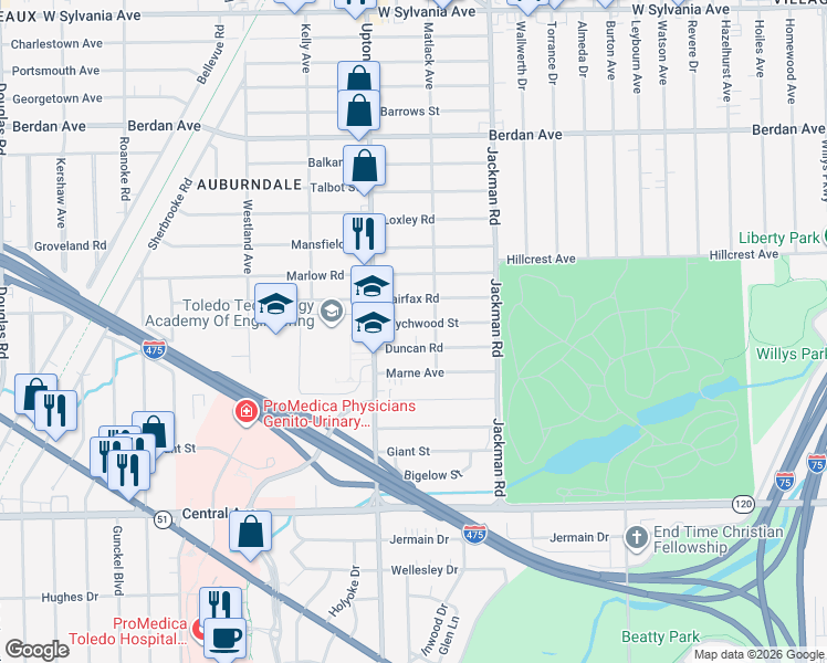 map of restaurants, bars, coffee shops, grocery stores, and more near 1816 Wychwood Street in Toledo