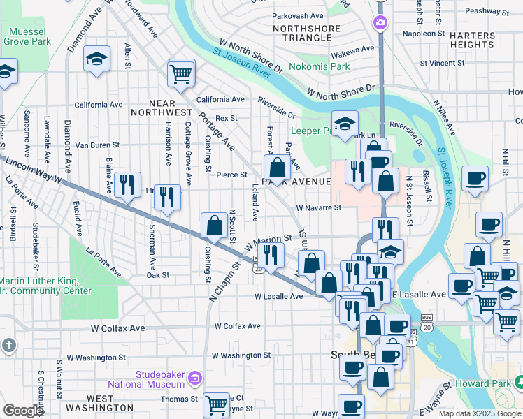 map of restaurants, bars, coffee shops, grocery stores, and more near 621 Portage Avenue in South Bend
