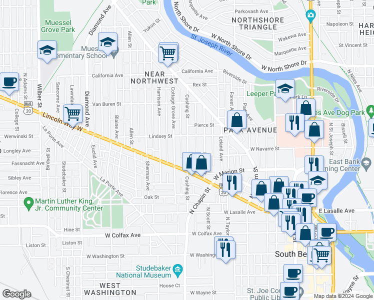 map of restaurants, bars, coffee shops, grocery stores, and more near 624 Cottage Grove Avenue in South Bend
