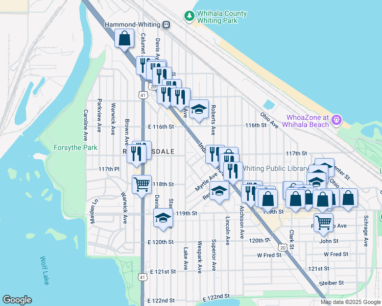 map of restaurants, bars, coffee shops, grocery stores, and more near 1642 Indianapolis Boulevard in Whiting