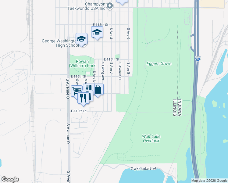 map of restaurants, bars, coffee shops, grocery stores, and more near 11637 South Avenue J in Chicago