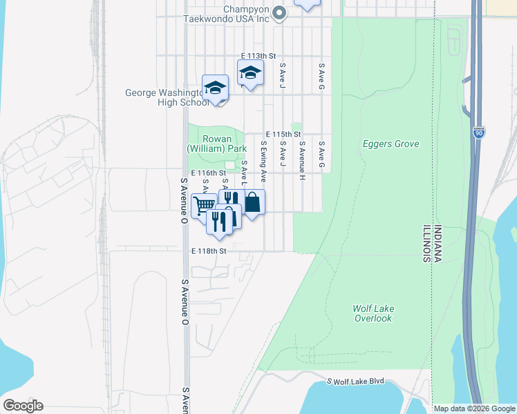 map of restaurants, bars, coffee shops, grocery stores, and more near 11634 South Ewing Avenue in Chicago