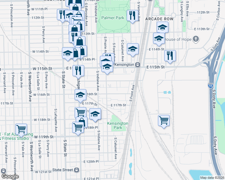 map of restaurants, bars, coffee shops, grocery stores, and more near 11560 South Prairie Avenue in Chicago