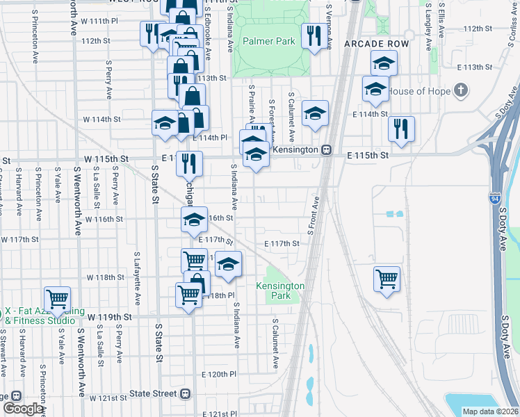 map of restaurants, bars, coffee shops, grocery stores, and more near 11560 South Prairie Avenue in Chicago