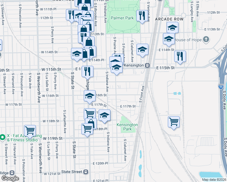 map of restaurants, bars, coffee shops, grocery stores, and more near 11560 South Prairie Avenue in Chicago