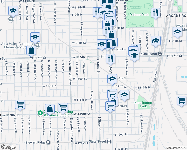 map of restaurants, bars, coffee shops, grocery stores, and more near 11561 South Lafayette Avenue in Chicago