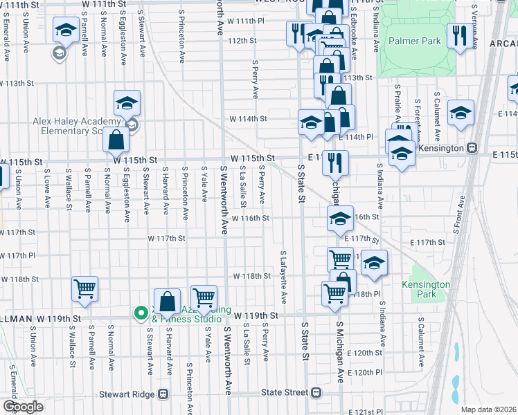 map of restaurants, bars, coffee shops, grocery stores, and more near 11558 South Perry Avenue in Chicago