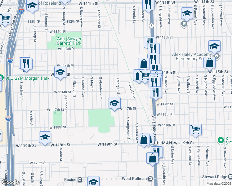 map of restaurants, bars, coffee shops, grocery stores, and more near 11551 South Carpenter Street in Chicago