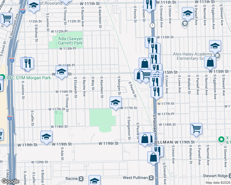 map of restaurants, bars, coffee shops, grocery stores, and more near 11551 South Carpenter Street in Chicago