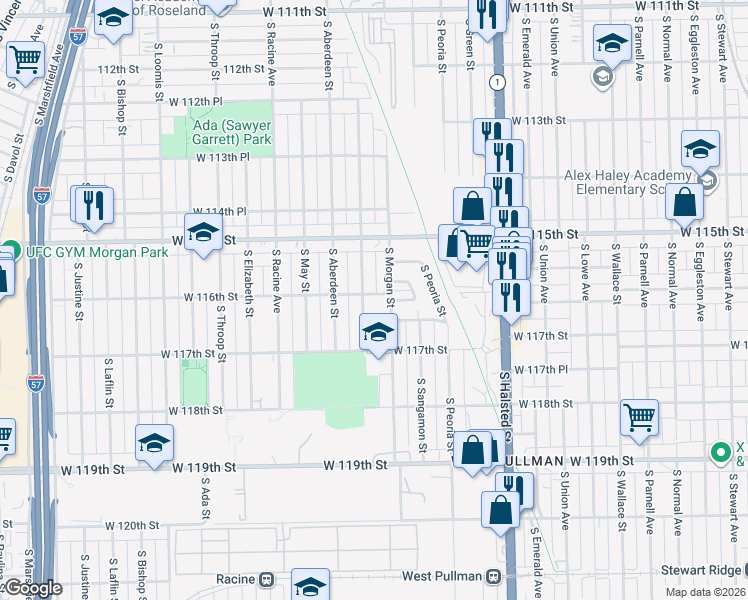 map of restaurants, bars, coffee shops, grocery stores, and more near 11551 South Carpenter Street in Chicago