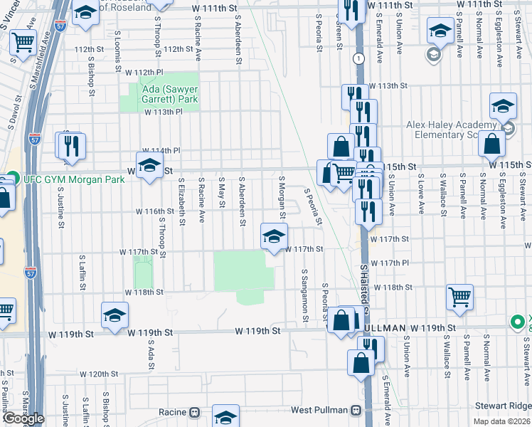 map of restaurants, bars, coffee shops, grocery stores, and more near 11551 South Carpenter Street in Chicago