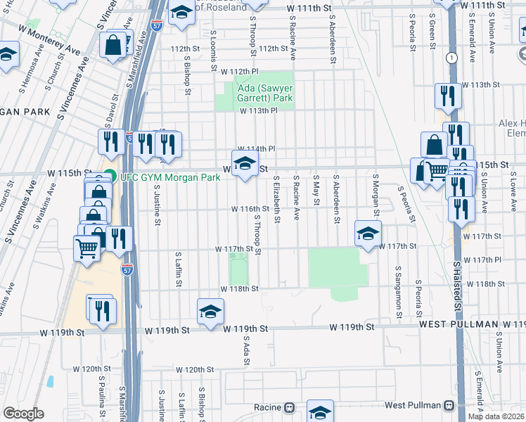 map of restaurants, bars, coffee shops, grocery stores, and more near 11549 South Throop Street in Chicago