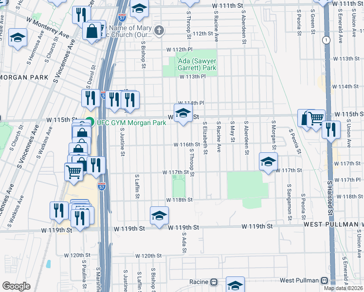 map of restaurants, bars, coffee shops, grocery stores, and more near 11548 South Ada Street in Chicago