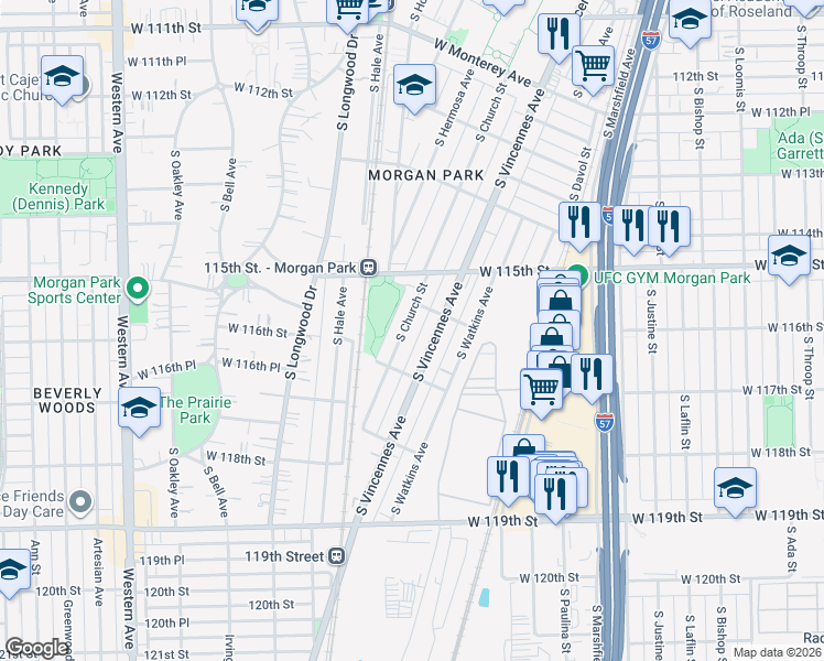 map of restaurants, bars, coffee shops, grocery stores, and more near 11602 South Vincennes Avenue in Chicago