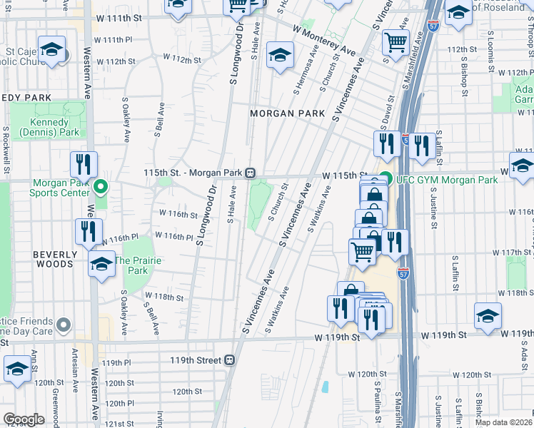 map of restaurants, bars, coffee shops, grocery stores, and more near 11515 South Homewood Avenue in Chicago