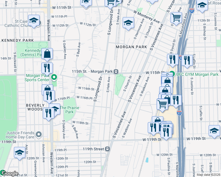 map of restaurants, bars, coffee shops, grocery stores, and more near 11539 South Hale Avenue in Chicago