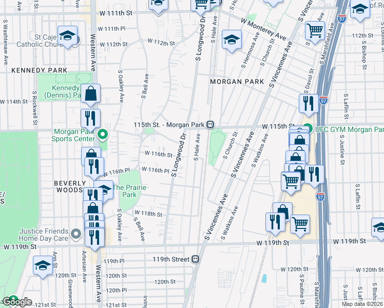map of restaurants, bars, coffee shops, grocery stores, and more near 11541 South Longwood Drive in Chicago