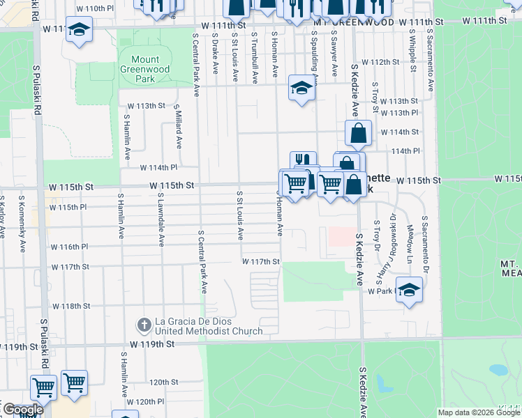 map of restaurants, bars, coffee shops, grocery stores, and more near 3426 West 115th Place in Chicago
