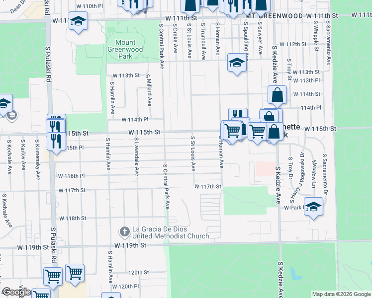 map of restaurants, bars, coffee shops, grocery stores, and more near 3500 West 115th Place in Chicago