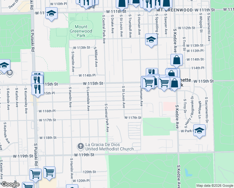 map of restaurants, bars, coffee shops, grocery stores, and more near 3500 West 115th Place in Chicago