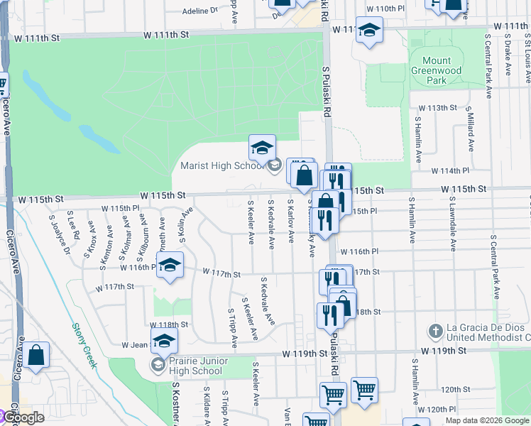 map of restaurants, bars, coffee shops, grocery stores, and more near 11507 South Keeler Avenue in Alsip