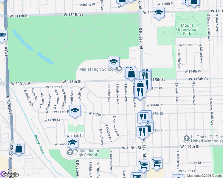 map of restaurants, bars, coffee shops, grocery stores, and more near 11507 South Keeler Avenue in Alsip
