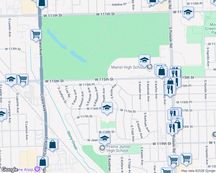 map of restaurants, bars, coffee shops, grocery stores, and more near 4414 West 115th Place in Alsip