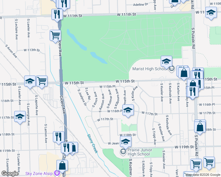 map of restaurants, bars, coffee shops, grocery stores, and more near 4520 West 115th Place in Alsip