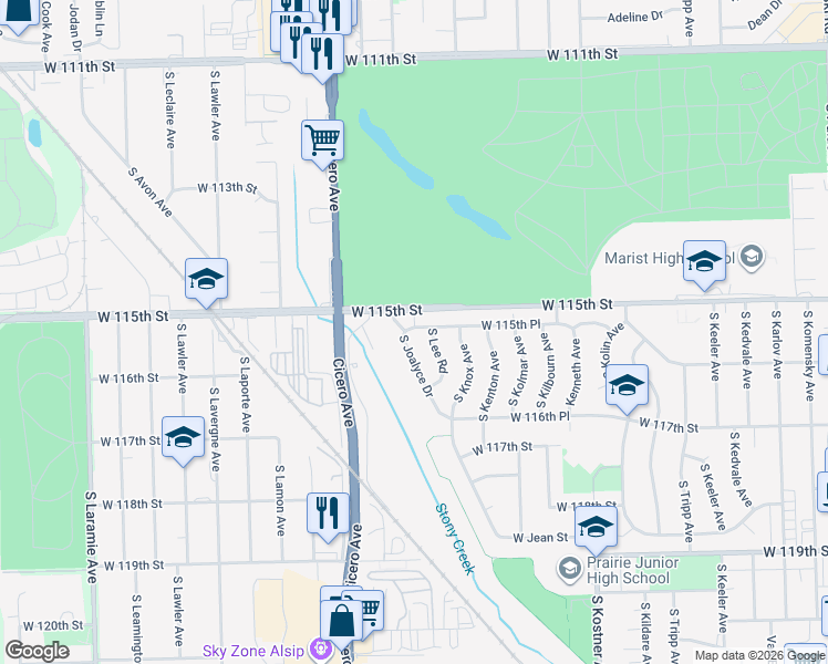 map of restaurants, bars, coffee shops, grocery stores, and more near 4728 West 115th Place in Alsip