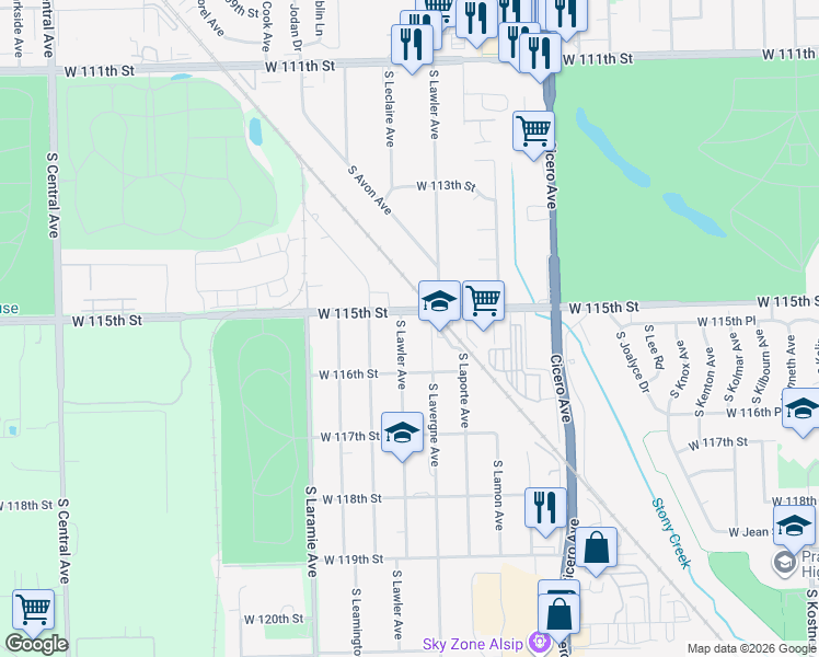 map of restaurants, bars, coffee shops, grocery stores, and more near 11501 South Lawler Avenue in Alsip
