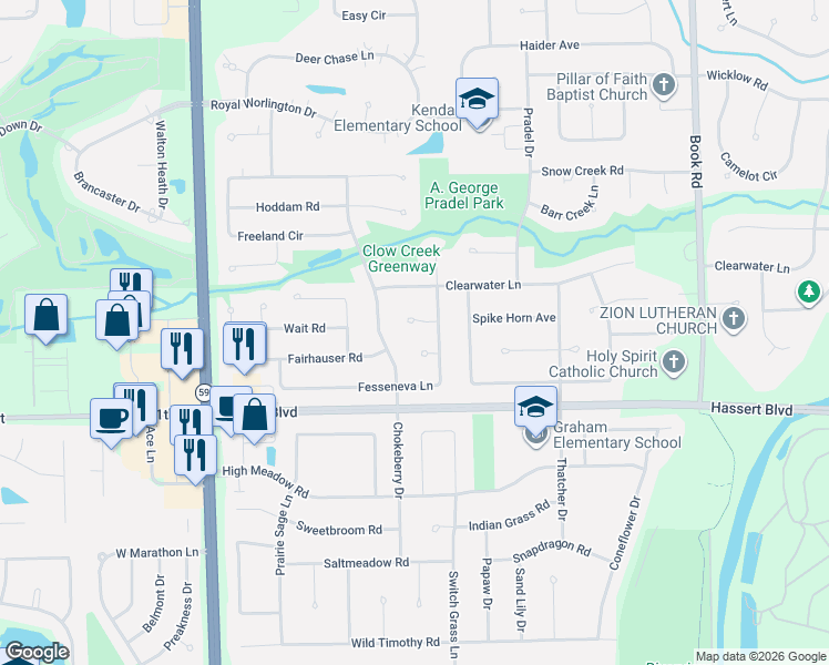 map of restaurants, bars, coffee shops, grocery stores, and more near 2515 Canfield Court in Naperville