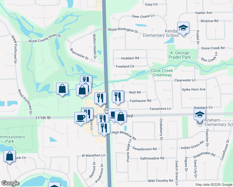 map of restaurants, bars, coffee shops, grocery stores, and more near 4615 Niswender Court in Naperville