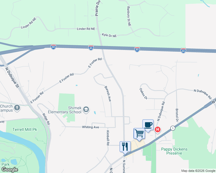 map of restaurants, bars, coffee shops, grocery stores, and more near 1534 Buresh Avenue in Iowa City
