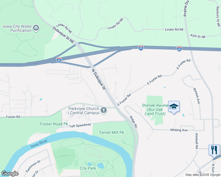 map of restaurants, bars, coffee shops, grocery stores, and more near 1957 Meadow Ridge Lane in Iowa City