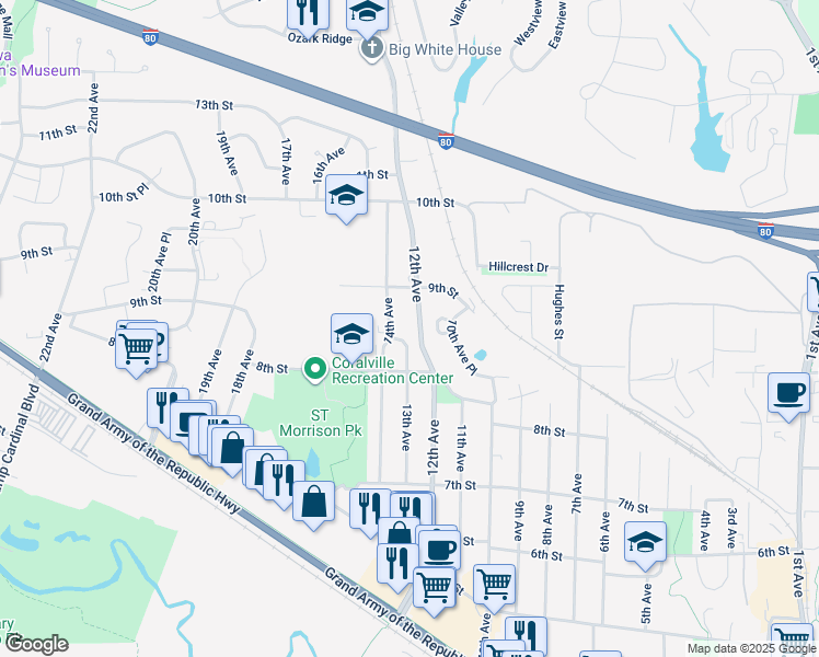 map of restaurants, bars, coffee shops, grocery stores, and more near 826 Old Macabe Circle in Coralville