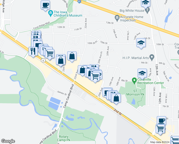 map of restaurants, bars, coffee shops, grocery stores, and more near 2040 9th Street in Coralville