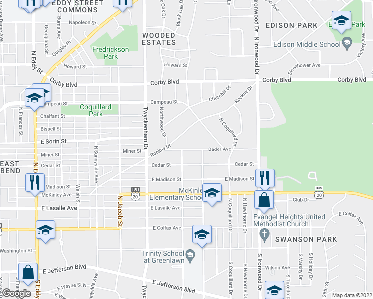 map of restaurants, bars, coffee shops, grocery stores, and more near 1723 Bader Ave in South Bend