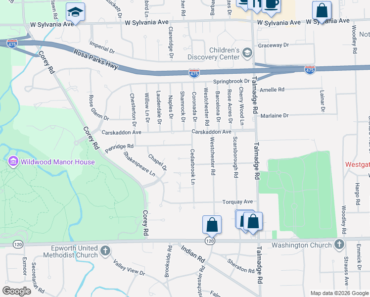 map of restaurants, bars, coffee shops, grocery stores, and more near 4534 Penridge Road in Toledo