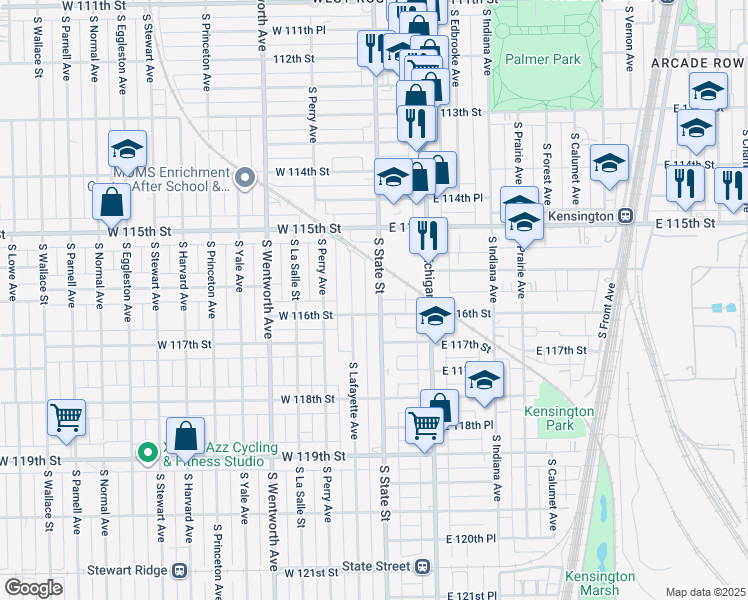 map of restaurants, bars, coffee shops, grocery stores, and more near 11580 South State Street in Chicago