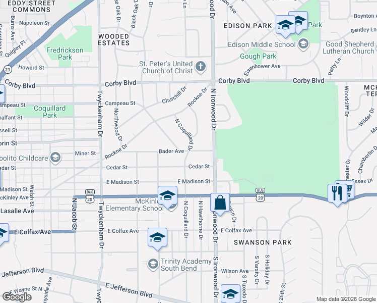 map of restaurants, bars, coffee shops, grocery stores, and more near 531 North Coquillard Drive in South Bend