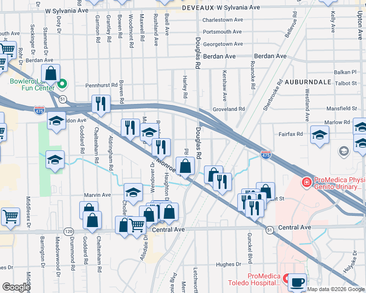map of restaurants, bars, coffee shops, grocery stores, and more near 3438 Wyckliffe Parkway in Toledo
